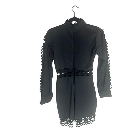 Women's L Black High-Neck Lace Trim Button-Up Romper Long Sleeve Elegant Chic - Picture 9 of 12